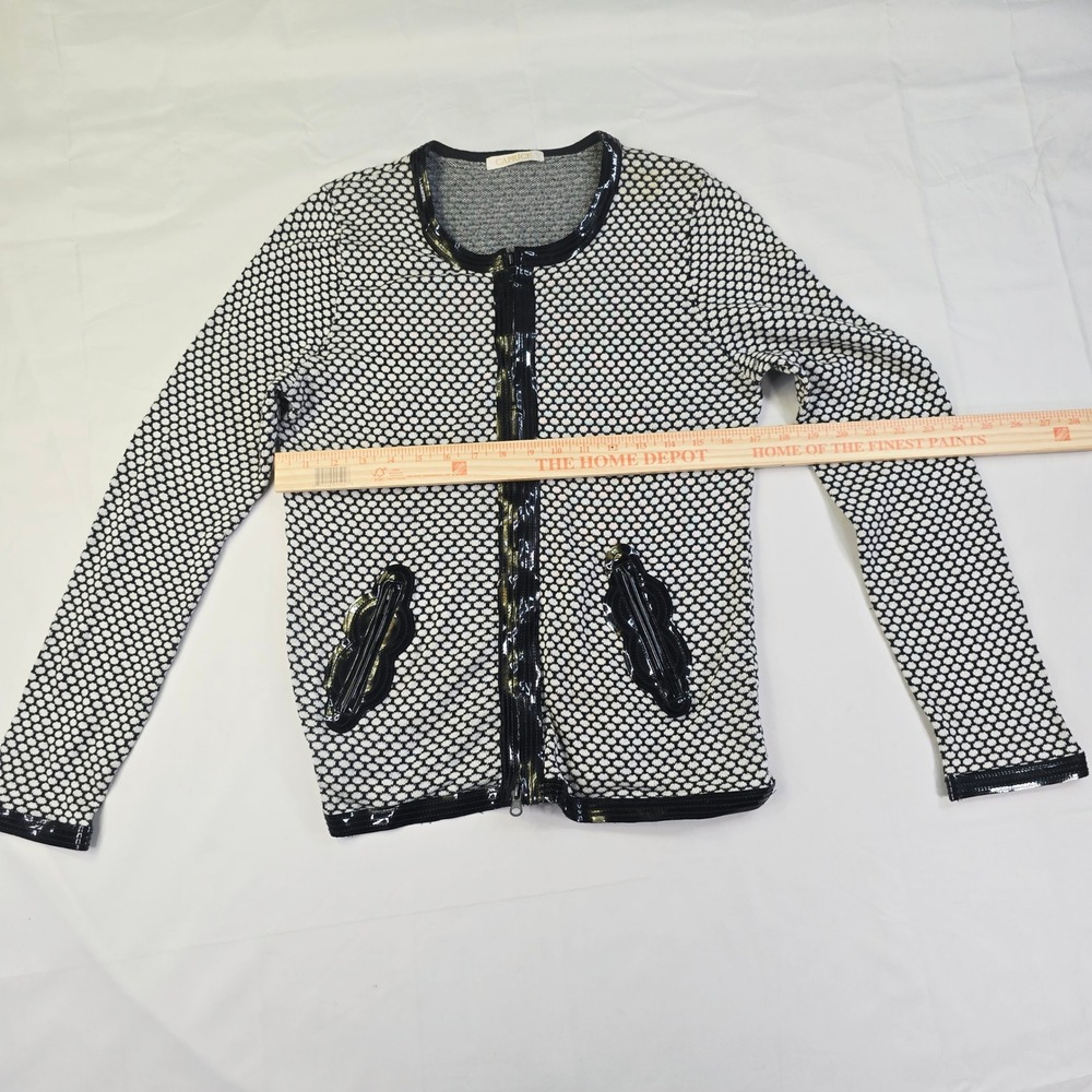 Caprice Honeycomb Knit Zip Front Cardigan Women's Large Black White Patent Trim - Picture 4 of 9